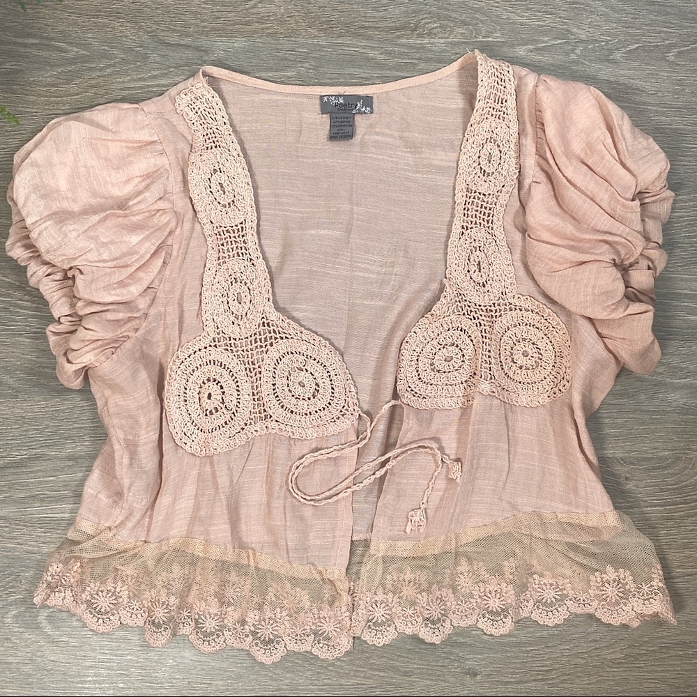 Poetry Pink Lace Blouse Short Sleeve with Tie Front - Large